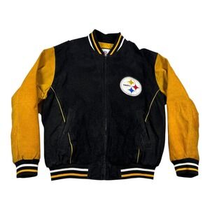 Pittsburgh Steelers Jacket Mens Large Black Suede NFL Football Big Logo Bomber